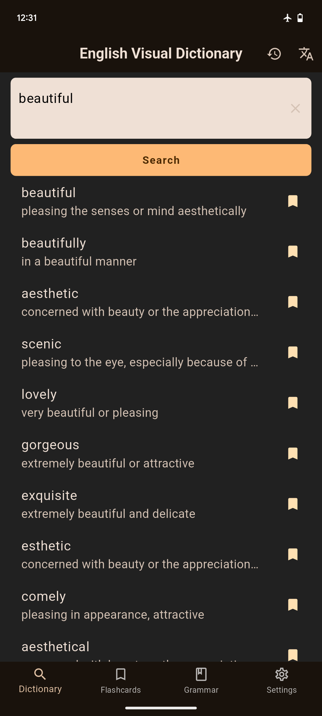 English Visual Dictionary dark mode screen
