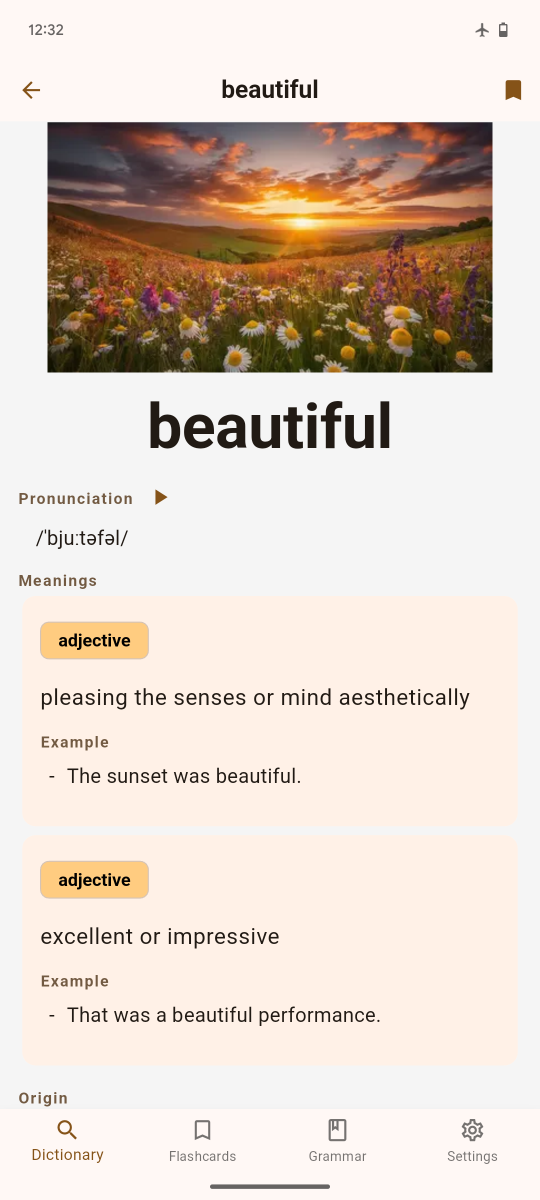 English Visual Dictionary word detail screen for beautiful