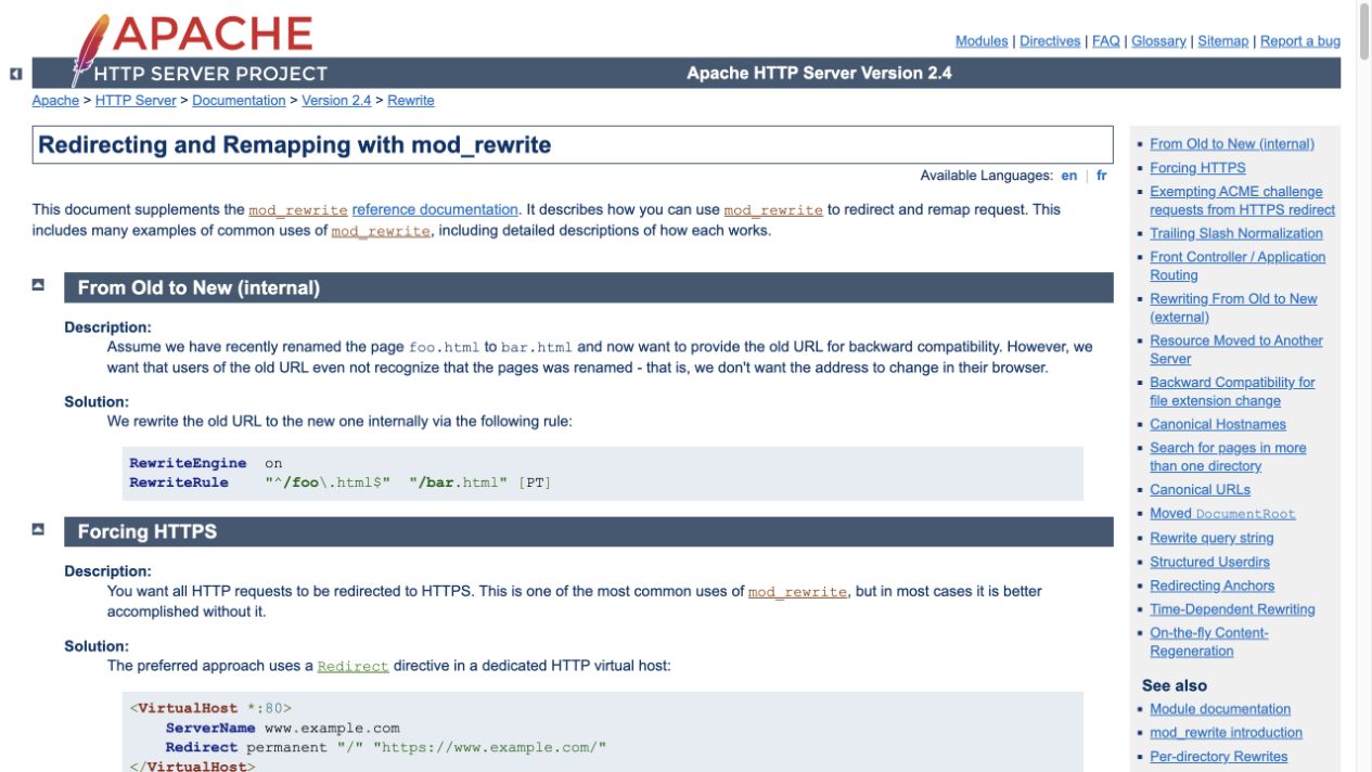 Apache HTTP Server公式文書がHTTPS転送とプロキシ配下のループ回避を説明する画面