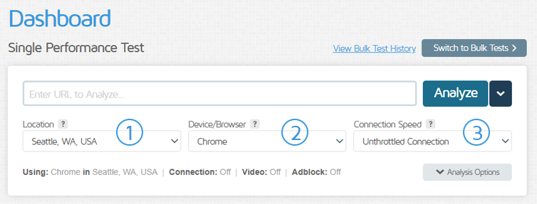 GTmetrix DashboardのURL入力欄とLocation、Device Browser、Connection Speedの3つの測定条件